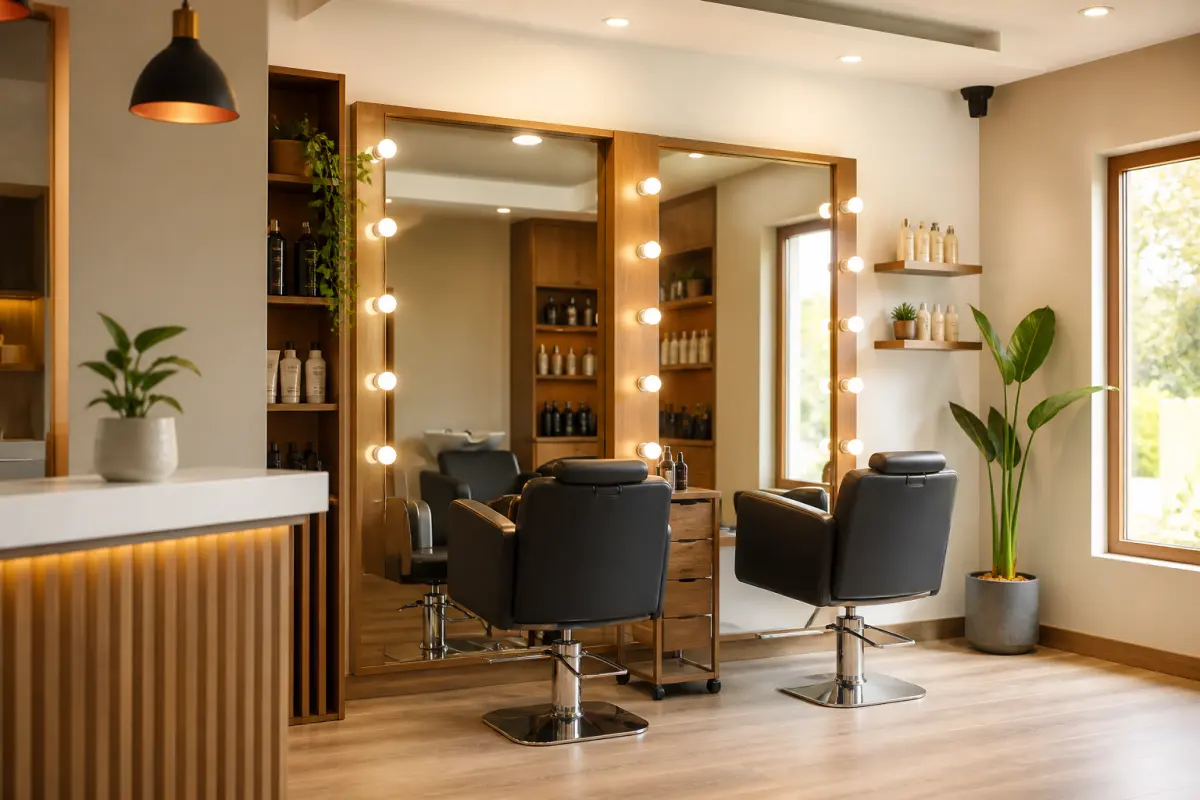 A modern salon studio with two styling chairs in front of lit mirrors